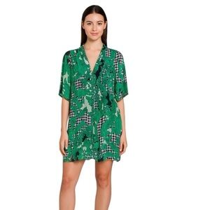Diane von Furstenberg Green Floral & Gingham Baby Doll Silk Tunic Dress Size 6
